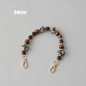 34cm multi-bead bag strap with leopard plush balls, wooden beads and gold lobster clasps