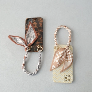 Floral and checkered silk scarf phone wrist straps with elegant bow and gold rings