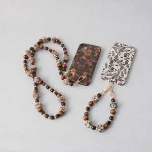 Ethnic style wooden bead phone strap with plush balls and metal hooks for autumn and winter