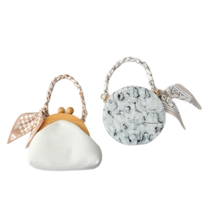 Fashionable white wood frame clutch and marble round handbag with silk scarf handle straps