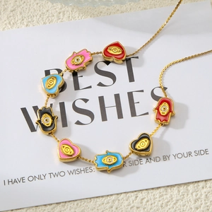 Edelstahl Evil Eye Hamsa Herz Anhänger Halsketten mit buntem Emaille-Finish
