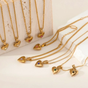 Collection of 18K gold plated stainless steel heart necklaces with colorful zircon gems