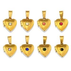 Set of 8 heart-shaped stainless steel 18K gold plated lockets with colorful birthstones