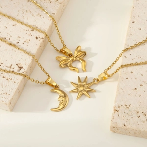 18K gold plated stainless steel necklaces with bow, moon and sun charms for women
