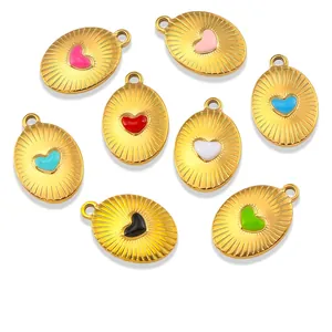 Stainless Steel Colorful Enamel Heart Oval Pendant With Sunburst Pattern DIY Jewelry Finding Components Gold Plated For Necklace Bracelet Making Women Gift