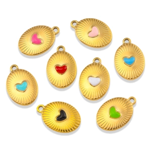 Gold plated stainless steel oval pendants with colorful enamel heart radiating texture