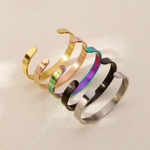 Minimalist stainless steel open cuff bracelets in gold, silver, black, and rose gold finishes