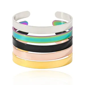 Minimalist Stainless Steel Open Cuff Bracelet For Women Simple Plain Surface Adjustable Heart Pattern Bangle Rose Gold Silver Rainbow Jewelry Gift Accessory