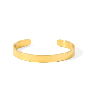 Polished gold stainless steel open C-shape cuff bracelet shown from a 45-degree angle