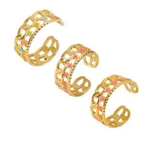 Bague Ouverte en Acier Inoxydable Maille Cubaine pour Femme Émail Motif Étoile Ajustable Double Couche Bijoux Géométriques