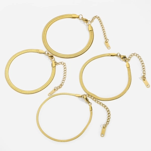 18K gold plated 316L stainless steel flat snake chain bracelets in four widths for women