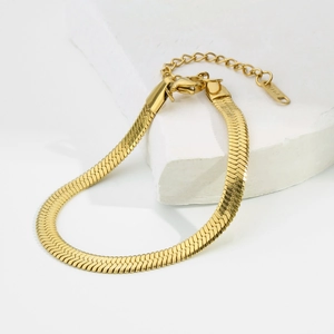 Polished 18K gold plated stainless steel flat snake bone chain bracelet with lobster clasp