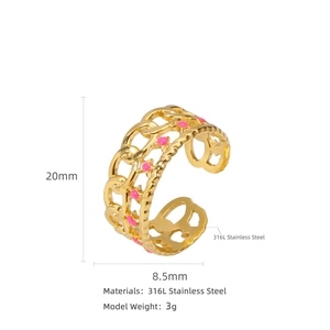 Bague moderne en acier inoxydable 316L doré avec étoiles en émail rose et chaîne