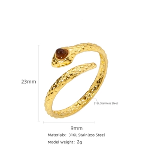 Snake shaped 316L stainless steel open ring with malachite eye and gold scale textures
