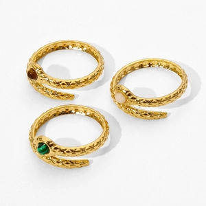 Three-piece gold snake ring set with malachite and gemstones, minimalist open wrap design