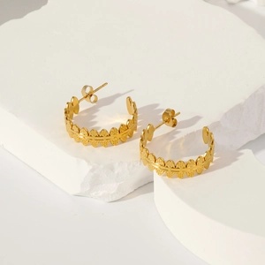 French Elegant 316L Stainless Steel C-Hoop Earrings For Women Textured Leaf Geometric Gold Plated Fashion Jewelry Earrings