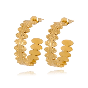 Elegant gold leaf-patterned stainless steel C-hoop earrings with textured finish