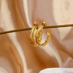 Orecchini a Cerchio a Forma di C con Nodi di Bambù Vintage Francese per Donna in Acciaio Inossidabile Placcato Oro 18K Gioielli Minimalisti