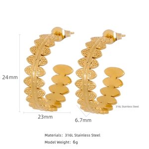 Elegant 24mm gold leaf texture C-shaped hoop earrings in 316L stainless steel for women