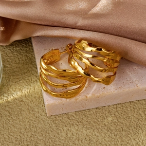 Orecchini a Cerchio Geometrici a Spirale Cavi Stile Francese Oro Acciaio Inossidabile Martellato Irregolare Forma a C Gioielli Donna