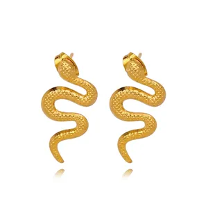 Vintage Snake Shape Earrings Gold Plated Stainless Steel Animal Scale Texture Statement Stud Earrings For Women Daily Jewelry