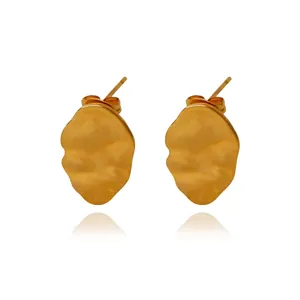 French Vintage 18K Gold Plated 316L Stainless Steel Earrings Irregular Hammered Lava Texture Stud Earrings For Women Jewelry Gift
