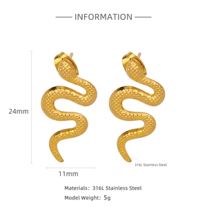 Detailed view of 18k gold snake earrings with 316L stainless steel scales and dimensions