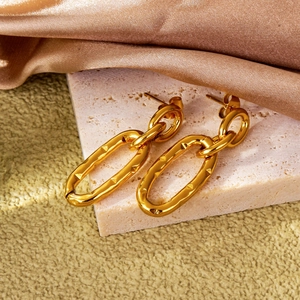 French style double link U-shaped golden drop earrings with textured lava finish