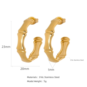 Orecchini a cerchio a C in acciaio inossidabile 316L placcati oro 18k stile bambù