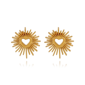 Französischer Stil 18k Gold Herz Sonnenstrahl Ohrstecker mit poliertem Metallfinish