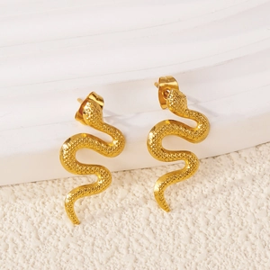 Elegant 18k gold plated snake earrings with detailed scale texture and S-curve design