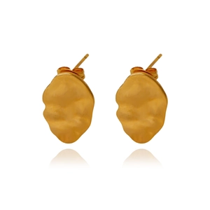 French retro gold irregular leaf earrings with hammered lava texture and glossy finish