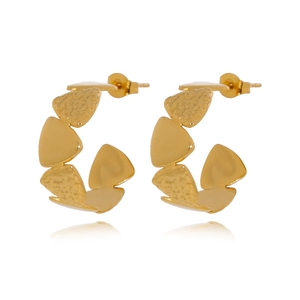 French style gold triangle hoop earrings with polished heart charms and hammered texture