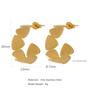 French retro style golden 316L stainless steel textured clover earrings with dimensions