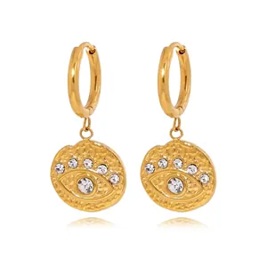 316L Stainless Steel Evil Eye Drop Earrings For Women Gold Plated Hammered Round Zirconia Dangle Ear Jewelry