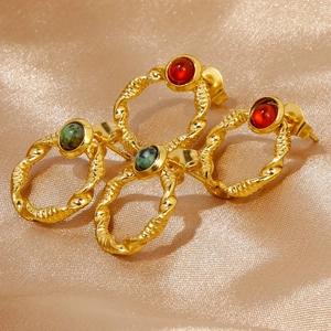 18k gold plated vintage emerald and red gemstone oval stud earrings on satin