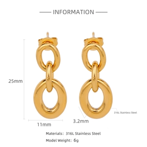 Detailed view of interconnected oval gold earrings with 316L stainless steel material and dimensions