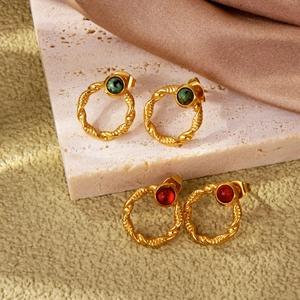 18k gold plated vintage hoop earrings with emerald green and ruby red gemstones