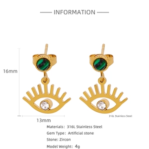 Dettaglio orecchini Evil Eye dorati con malachite verde e zircone su sfondo bianco puro