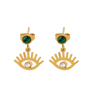Orecchini a sospensione occhio in oro 18k con strisce di malachite e zirconi lucidi