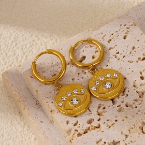 18k gold plated stainless steel hoop earrings with evil eye zircon coin pendants