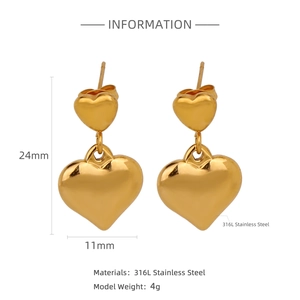 Détails des boucles d'oreilles cœur en acier 316L doré avec dimensions précises
