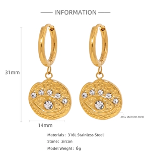 Detail view of 18k gold 316L stainless steel Evil Eye coin earrings with zircon inlay