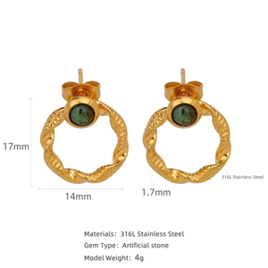 18k gold plated 316L stainless steel earrings with emerald artificial stone in vintage style