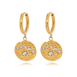 Elegant 18k gold stainless steel hoop earrings with evil eye pendants and zircon accents