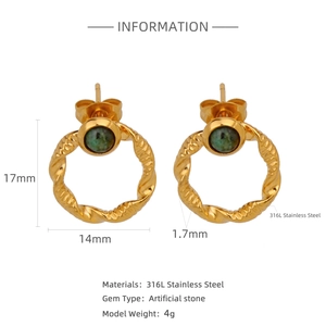 Detailed dimensions of 18k gold twist hoop earrings with emerald green stone accents
