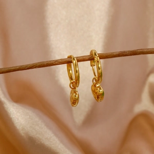 Close-up of heart-shaped gold earrings hanging on a wood branch with silk background