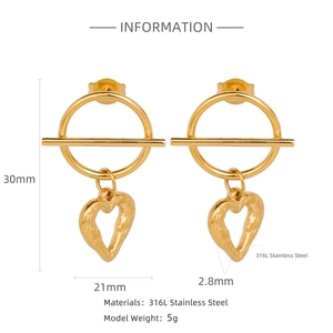 Detailed size specifications for 316L stainless steel gold heart drop earrings