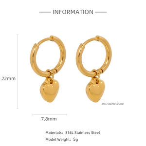 Detailed size specifications for 316L stainless steel gold heart hoop earrings