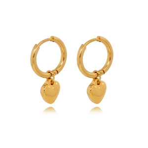 Minimalist polished gold double hoop earrings with a 3D heart pendant on white background